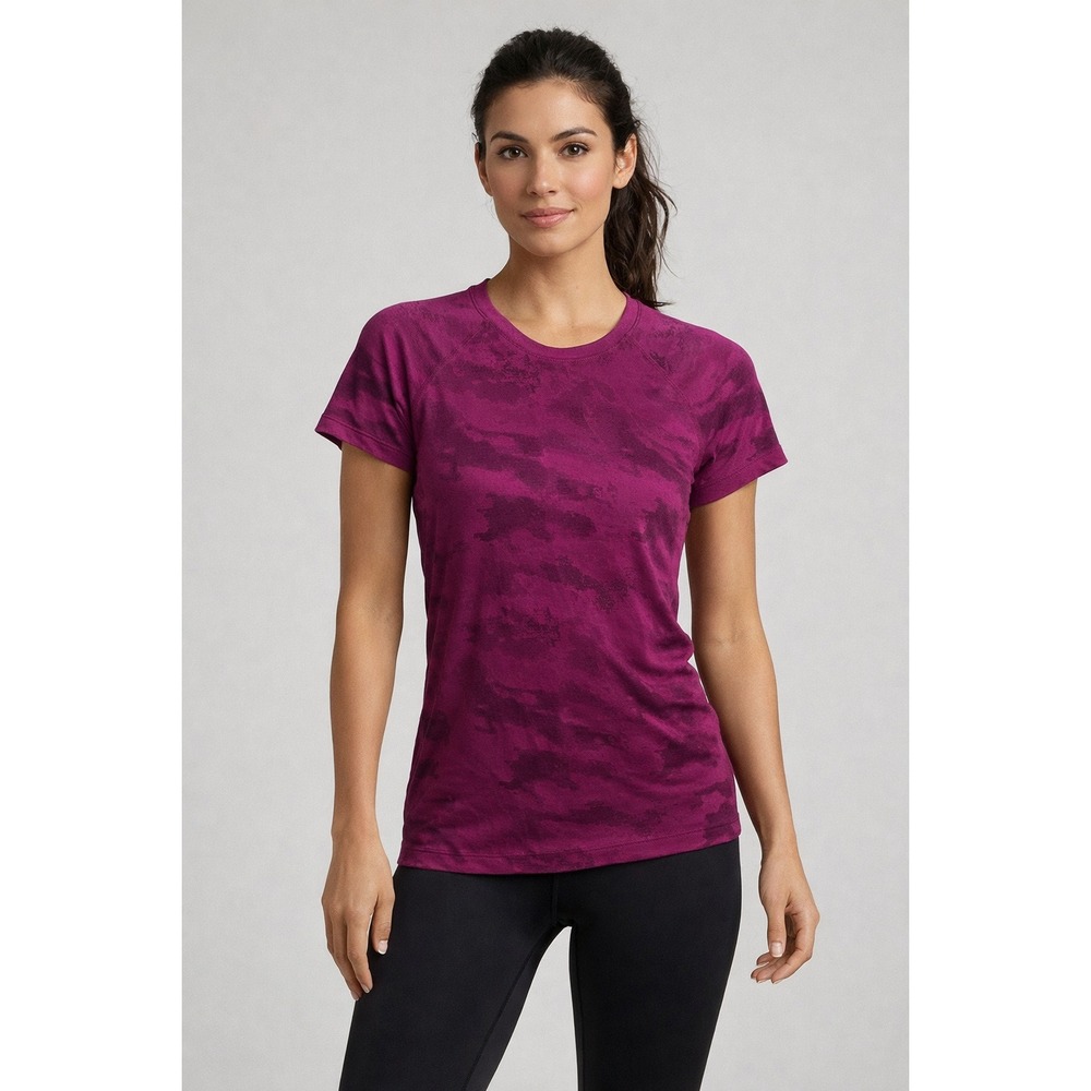 Athleta Women's Purple Camo Short Sleeve Workout Top Size M Activewear